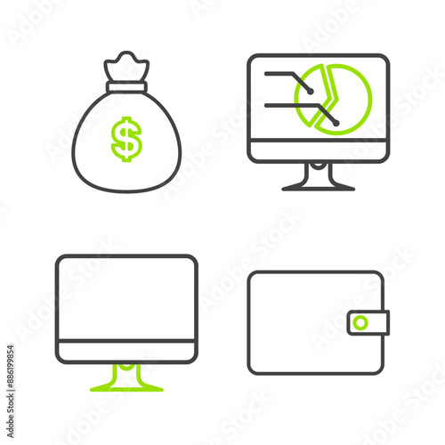 Set line Wallet, Computer monitor screen, with graph chart and Money bag icon. Vector
