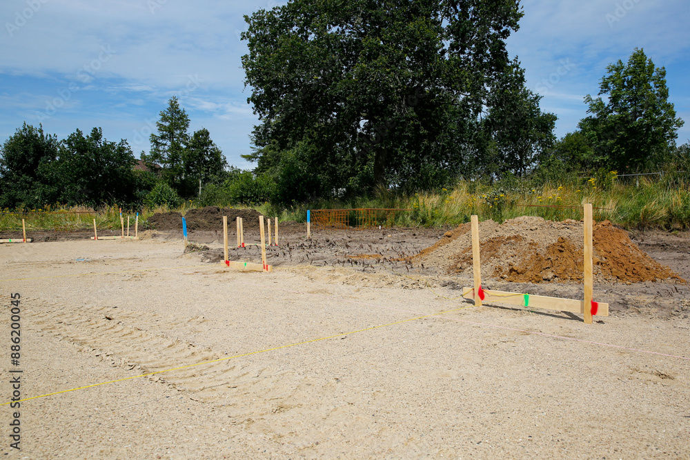 Construction measuring cord on a construction site. Building house concept Construction measuring cord on a construction site. Building house concept