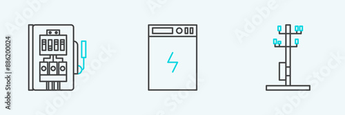 Set line High voltage power pole line, Electrical panel and Power bank icon. Vector