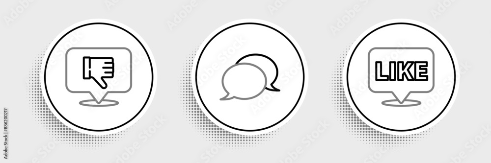 Set line Like in speech bubble, Dislike and Speech chat icon. Vector Set line Like in speech bubble, Dislike and Speech chat icon. Vector