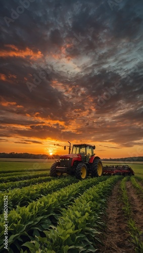 Sunset on a Maryland farm with tractor in the field