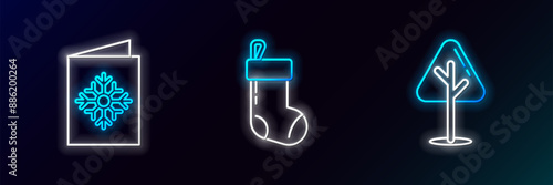 Set line Christmas tree, postcard and stocking icon. Glowing neon. Vector