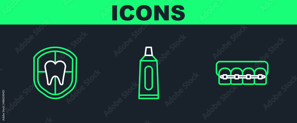 Set line Teeth with braces, Dental protection and Tube of toothpaste icon. Vector Set line Teeth with braces, Dental protection and Tube of toothpaste icon. Vector