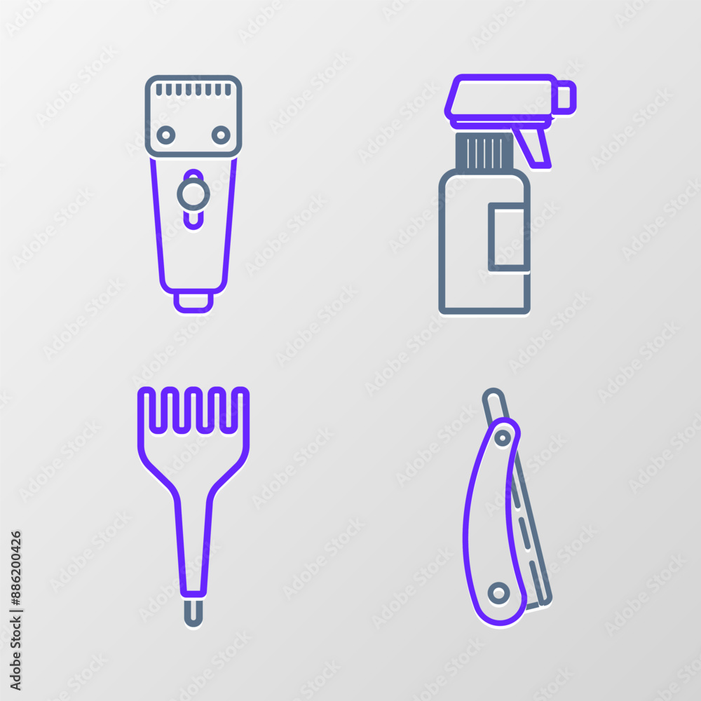 Set line Straight razor, Hairbrush, Hairdresser pistol spray bottle and Electrical hair clipper shaver icon. Vector Set line Straight razor, Hairbrush, Hairdresser pistol spray bottle and Electrical hair clipper shaver icon. Vector