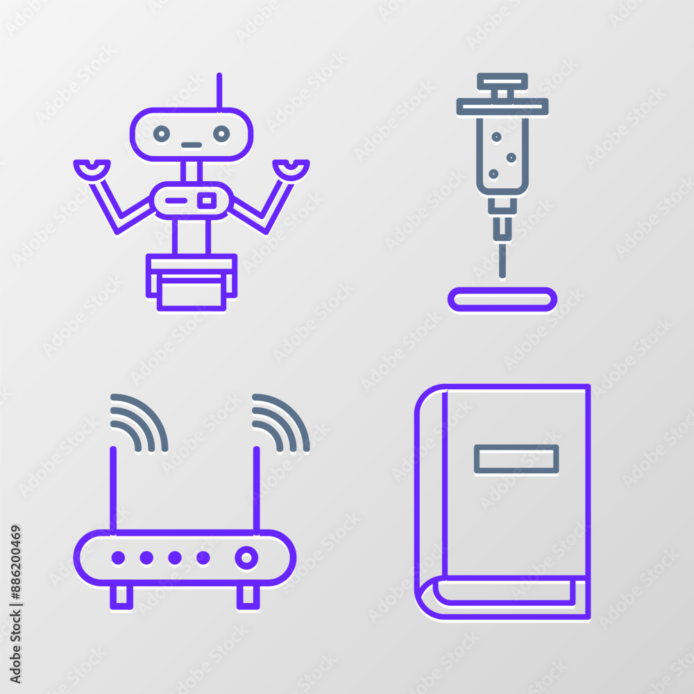 Set line User manual, Router and wi-fi signal, Syringe and Robot icon. Vector Set line User manual, Router and wi-fi signal, Syringe and Robot icon. Vector