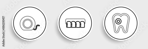 Set line Tooth with caries, Dental floss and Dentures model icon. Vector