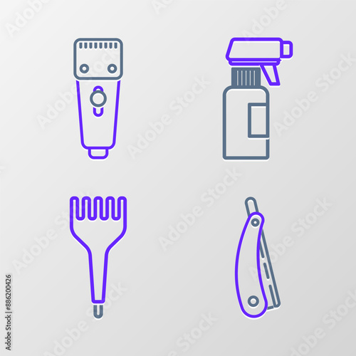 Set line Straight razor, Hairbrush, Hairdresser pistol spray bottle and Electrical hair clipper shaver icon. Vector