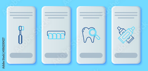 Set line Dentures model, Dental search, Toothbrush and Crossed tube of toothpaste icon. Vector