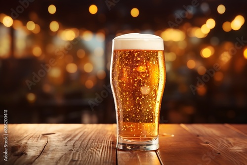 Glass of beer on a wooden table in a pub or restaurant.