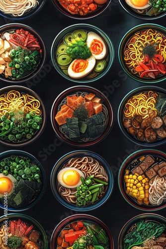 Assorted Vibrant Bowls of Noodles with Fresh Ingredients on Black