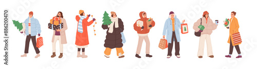 People prepare for winter holidays set. Happy characters shopping New Year presents, gifts. Men and women carry Christmas tree, Xmas accessories, garland. Flat isolated vector illustrations on white