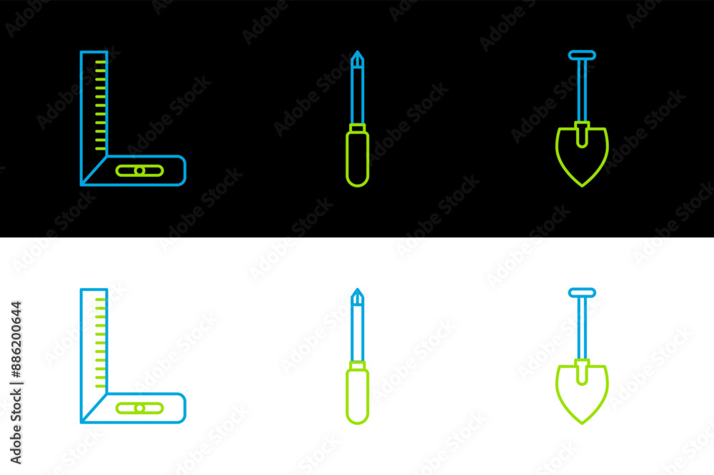 Set line Shovel, Corner ruler and Screwdriver icon. Vector Set line Shovel, Corner ruler and Screwdriver icon. Vector