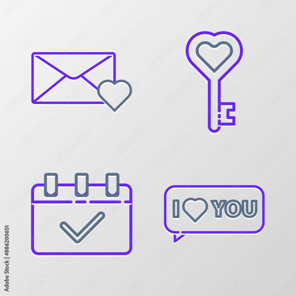 Set line Speech bubble with I love you, Calendar 8 March, Key in heart shape and Envelope icon. Vector Set line Speech bubble with I love you, Calendar 8 March, Key in heart shape and Envelope icon. Vector