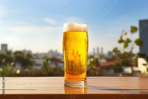 Glass of beer on a wooden table in a pub or restaurant.