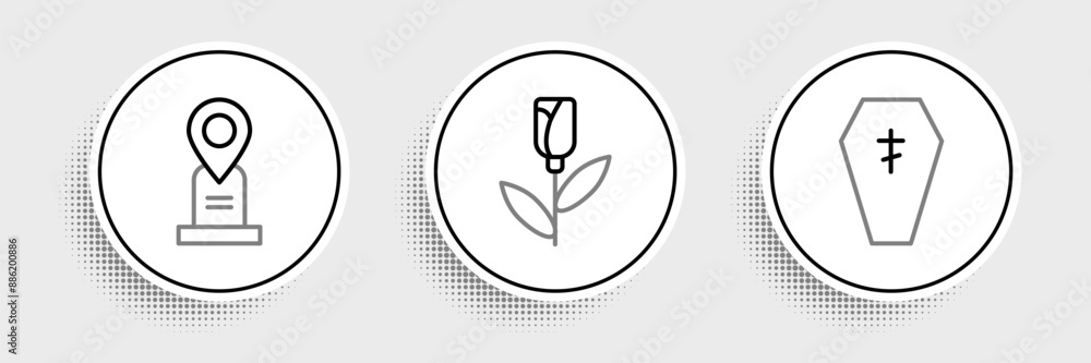 Set line Coffin with cross, Location grave and Flower rose icon. Vector Set line Coffin with cross, Location grave and Flower rose icon. Vector