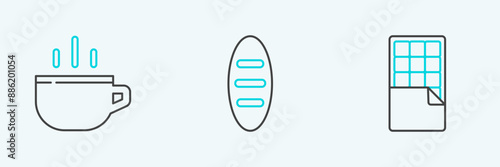 Set line Chocolate bar, Coffee cup and Bread loaf icon. Vector