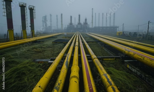 Foggy Industrial Landscape with Yellow Pipelines and Factory in Background photo