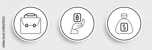 Set line Money bag, Briefcase and Hand holding Bitcoin icon. Vector