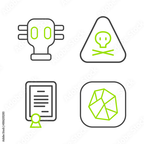 Set line Salt stone, Certificate template, Triangle warning toxic and Gas mask icon. Vector