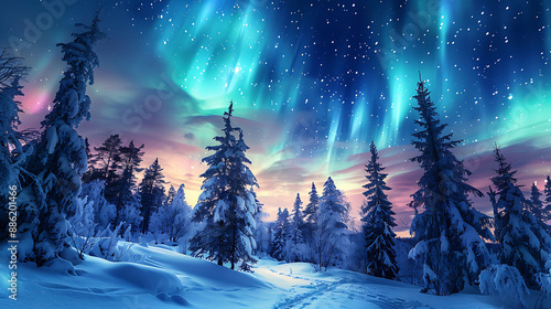 Enchanting Northern Lights Display Above Snow-Covered Forest at Night  © Nonthawat