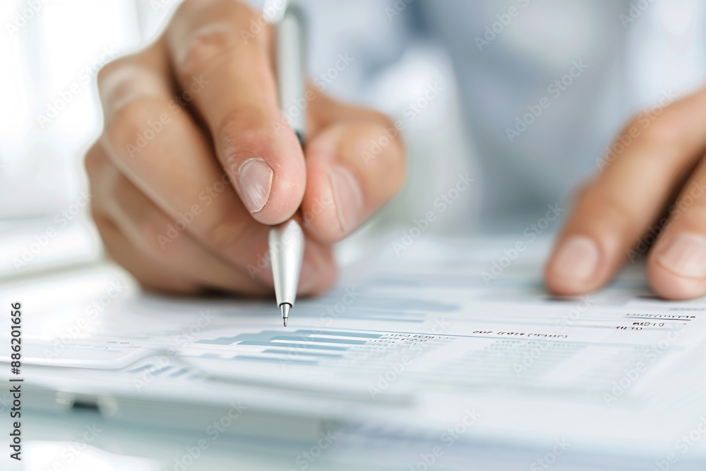 A detailed close-up of a financial advisor explaining tax deductions using a printed report, with ample copyspace for text.