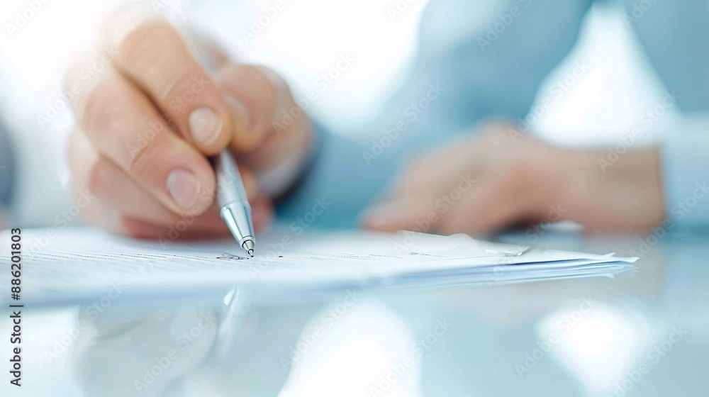 Naklejka premium Hands of a financial advisor showing a tax document to a client, with the advisor's finger pointing at important information and space for text.
