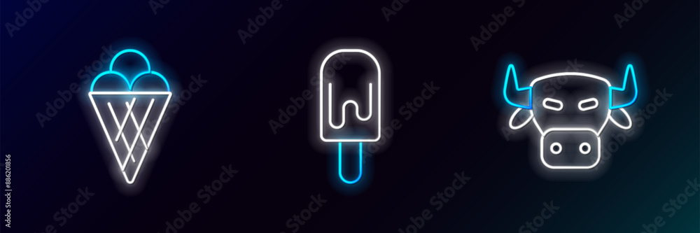 Set line Cow head, Ice cream in waffle cone and icon. Glowing neon. Vector Set line Cow head, Ice cream in waffle cone and icon. Glowing neon. Vector