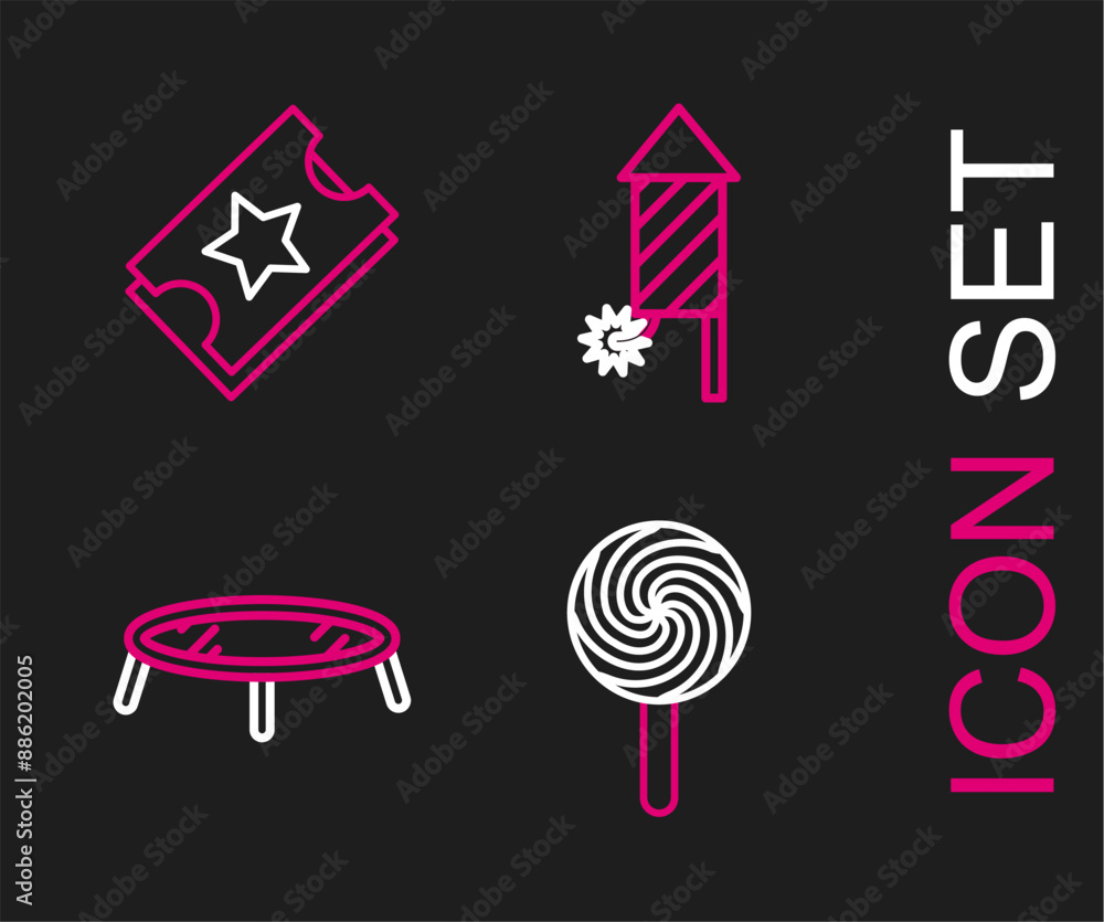 Fotografie Set line Lollipop, Jumping trampoline, Firework rocket and Ticket icon