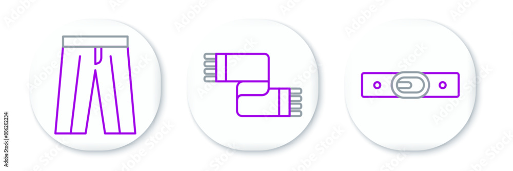 Set line Belt, Pants and Winter scarf icon. Vector Set line Belt, Pants and Winter scarf icon. Vector
