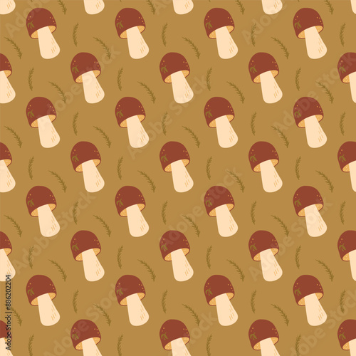 Cep seamless pattern. Edible mushrooms endless background. Vector hand drawn flat illustration.