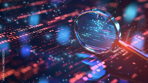 Magnifying glass focusing on a document in an abstract technological setting, symbolizing scrutiny and IT Security Risk Assessment