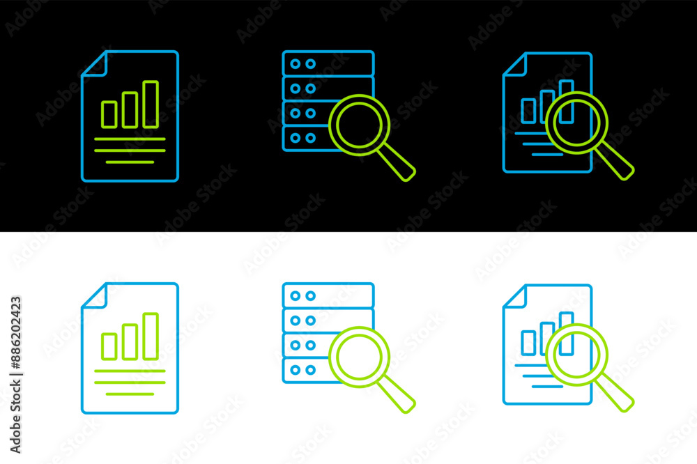 Set line Document with graph chart, and Server icon. Vector Set line Document with graph chart, and Server icon. Vector