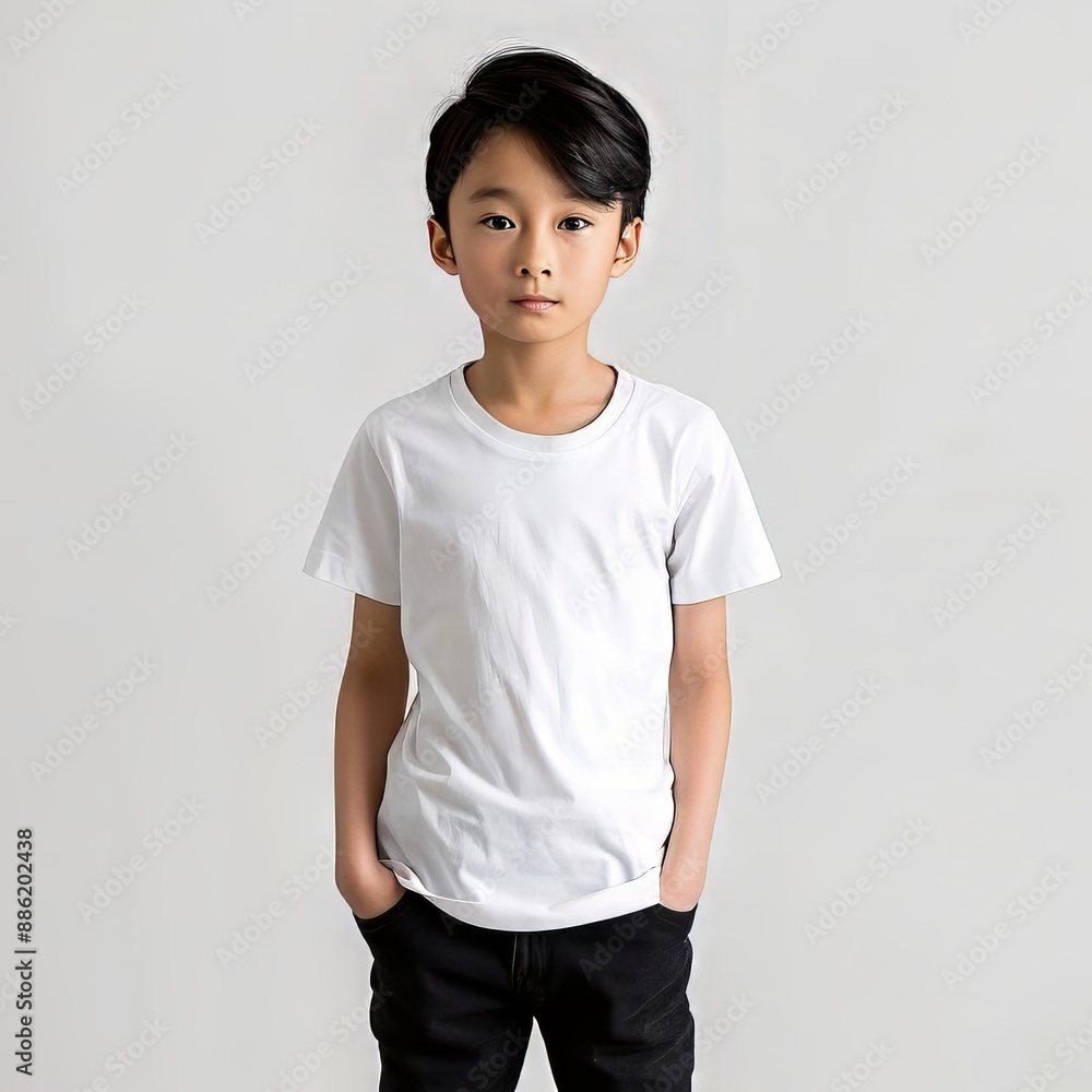 Portrait of a young boy in a white tshirt with hands in pockets Portrait of a young boy in a white tshirt with hands in pockets