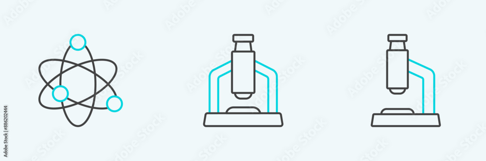 Set line Microscope, Atom and icon. Vector Set line Microscope, Atom and icon. Vector