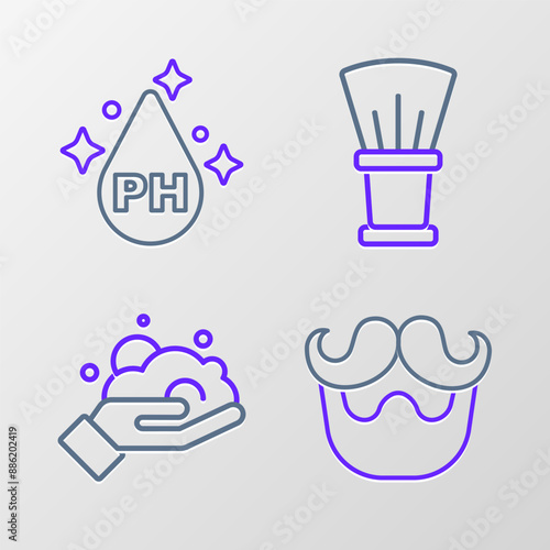 Set line Mustache and beard, Shaving foam on hand, brush and Oil for hair care treatment icon. Vector