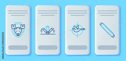 Set line Trap hunting, Hunt on duck with crosshairs, Moose head shield and Hunting cartridge belt cartridges icon. Vector