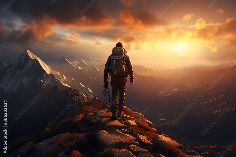 Hiker with backpack on the top of a mountain. 3d rendering Hiker with backpack on the top of a mountain. 3d rendering