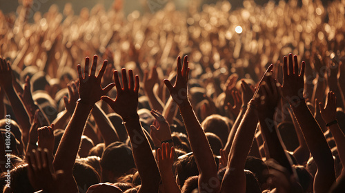 A crowd of people at a concert with their hands raised in the air, cheering and enjoying the music - Generative AI - Generative AI photo