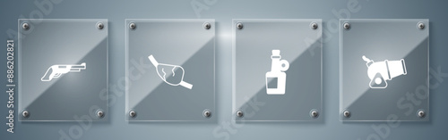 Set Cannon, Alcohol drink Rum, Pirate eye patch and Vintage pistol. Square glass panels. Vector