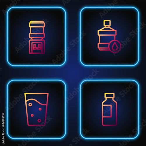 Set line Bottle of water, Glass with, Water cooler and Big bottle clean. Gradient color icons. Vector