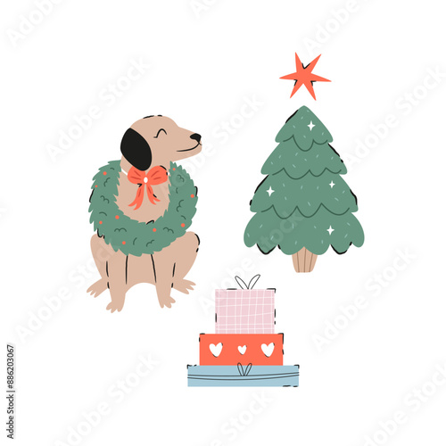 Holiday Christmas card with adorable dog, fir tree dog and wrapped gift boxes. Greeting card design, hand drawn illustration