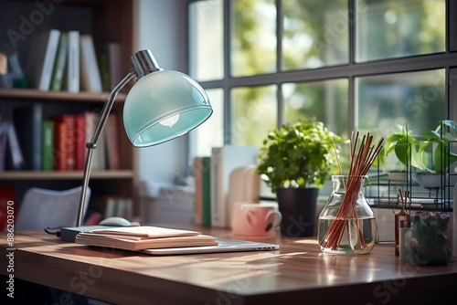Close up of a desk with a lamp, books and a plant