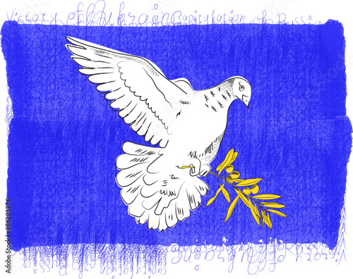 Vector illustration of a peace symbol, a white dove with an olive branch in its paws on a heterogeneous blue background of handwriting and letters.