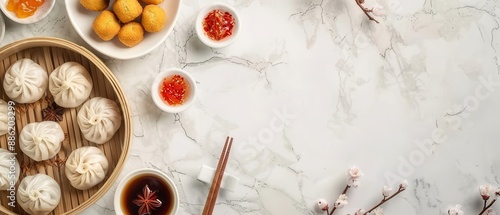 A table with a variety of Asian food, including dumplings, and a bowl of sauce