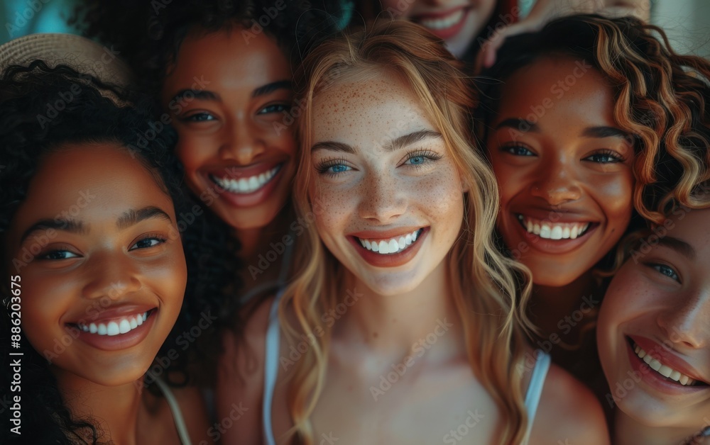 A close-up shot of four diverse young women, all smiling and happy, outdoors A close-up shot of four diverse young women, all smiling and happy, outdoors