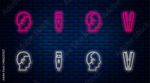 Set line Hair clipper, Baldness, Hairstyle for men and Curling iron hair. Glowing neon icon on brick wall. Vector
