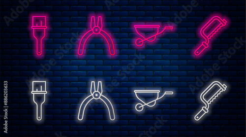 Set line Pliers tool, Wheelbarrow, Paint brush and Hacksaw. Glowing neon icon on brick wall. Vector