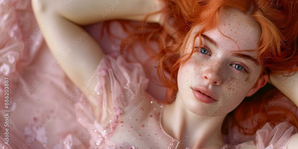 Fototapeta premium Portrait of young woman with red hair and freckles wearing a pink dress. Concept Redhead Portrait, Freckled Beauty, Pink Dress Style, Young and Vibrant, Stunning Woman
