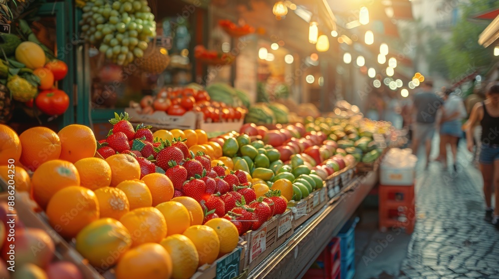 Vibrant outdoor market with fresh fruits and vegetables, capturing the essence of local commerce and community gathering in a lively setting. Vibrant outdoor market with fresh fruits and vegetables, capturing the essence of local commerce and community gathering in a lively setting.