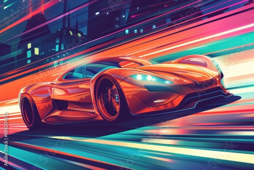 A Futuristic Sports Car Speeds Through a Cityscape